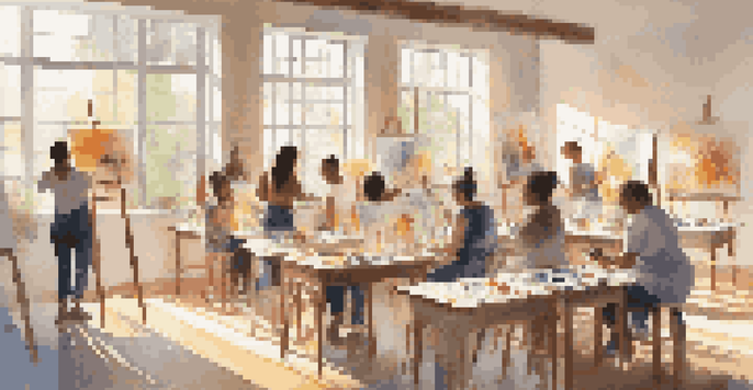 A community art class with diverse participants painting in a sunlit studio, surrounded by colorful artworks and bright natural light.