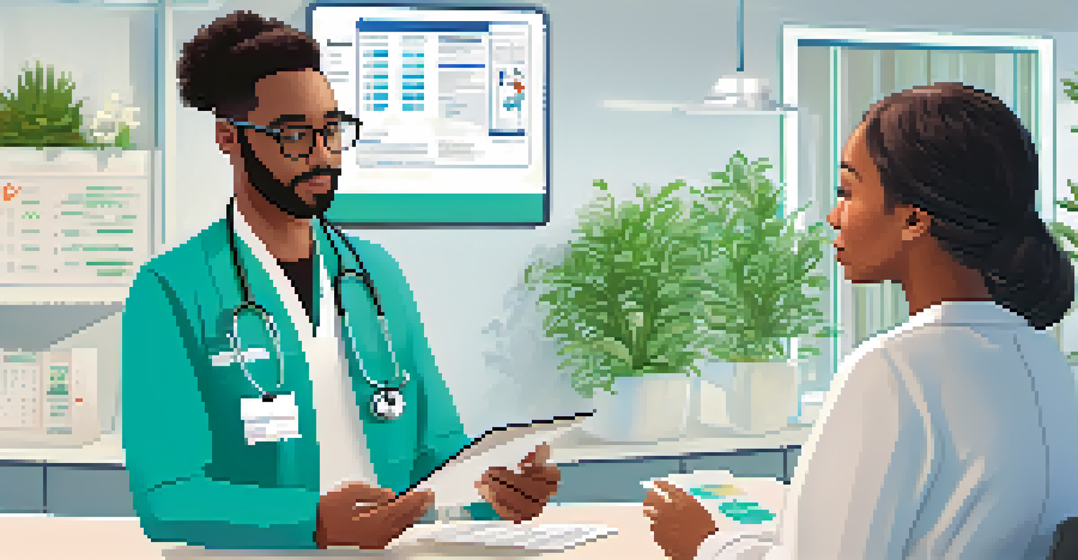 A healthcare professional and a patient discussing data privacy in a modern clinic.