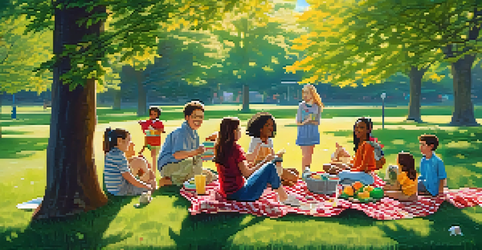 A group of diverse friends having a picnic in a sunny park with fruits and snacks on a blanket, children playing frisbee in the background, and a dog running.