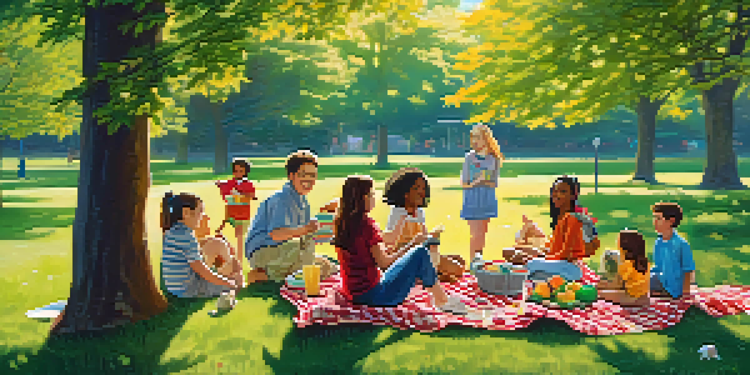 A group of diverse friends having a picnic in a sunny park with fruits and snacks on a blanket, children playing frisbee in the background, and a dog running.