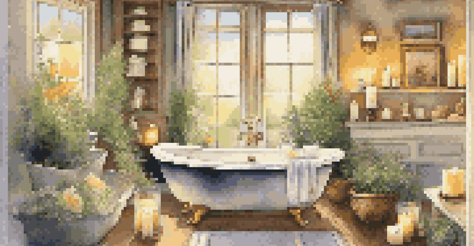 A tranquil bathroom scene with a couple preparing for a relaxing bath, surrounded by candles and essential oils.