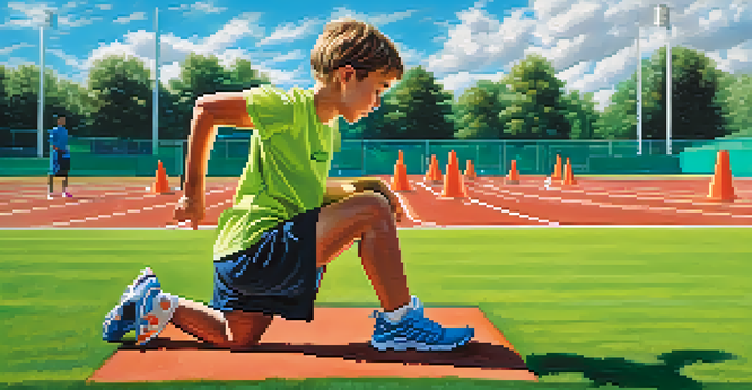 A young athlete stretching on a sports field with training cones and a water bottle.