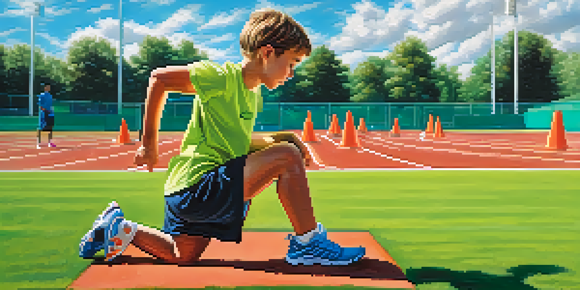 A young athlete stretching on a sports field with training cones and a water bottle.