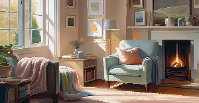 A person enjoying tea in a cozy living room with sunlight filtering through the window, surrounded by books.
