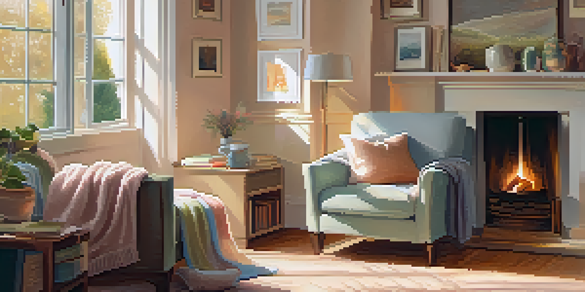 A person enjoying tea in a cozy living room with sunlight filtering through the window, surrounded by books.