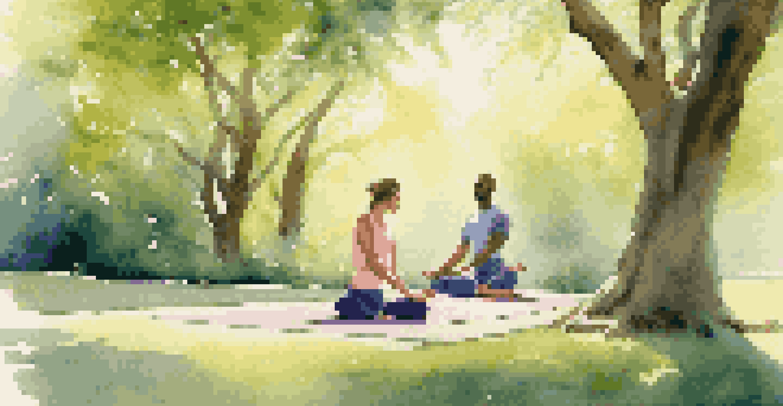 A couple practicing yoga in a sunlit park, surrounded by lush greenery, promoting tranquility and mental well-being.