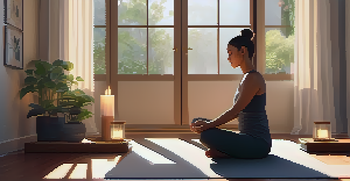 A person practicing mindfulness in a calm indoor setting, sitting cross-legged on a yoga mat with soft lighting and plants around.