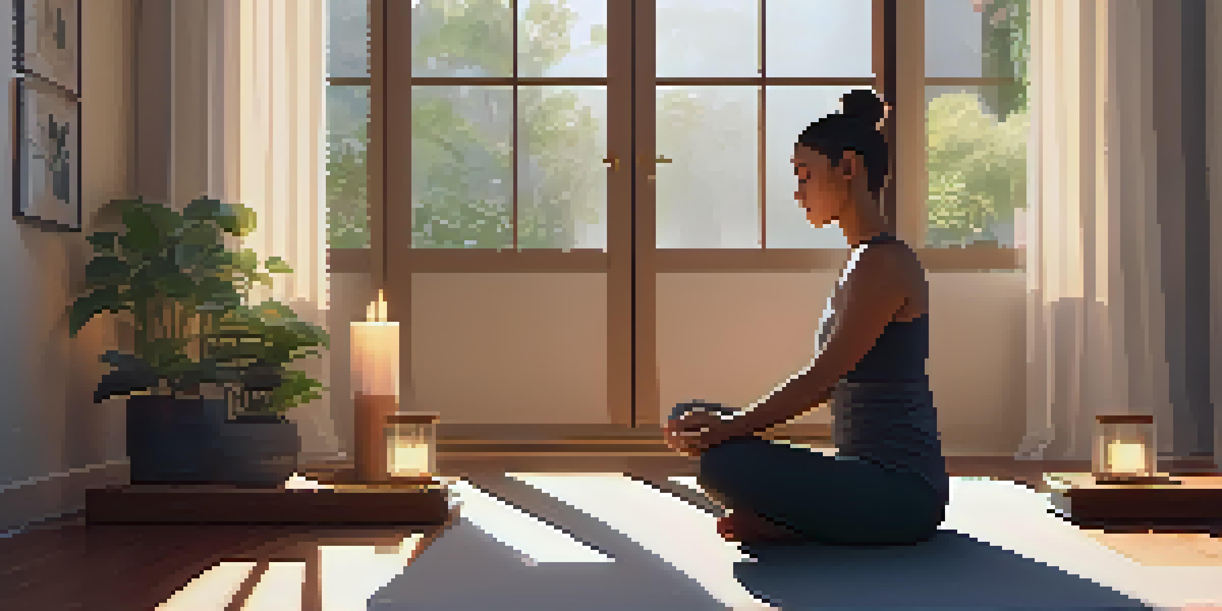 A person practicing mindfulness in a calm indoor setting, sitting cross-legged on a yoga mat with soft lighting and plants around.