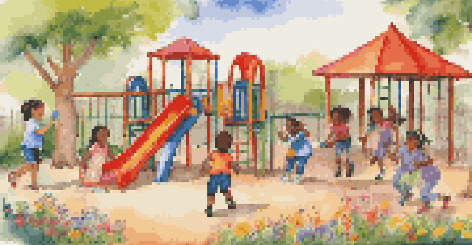 Children of different ethnicities playing kindly together on a playground, sharing toys and helping each other.