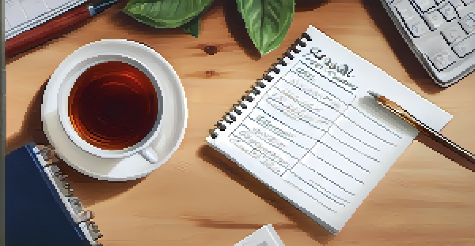 A close-up of a notepad with written goals and a cup of tea in a softly blurred therapy room.
