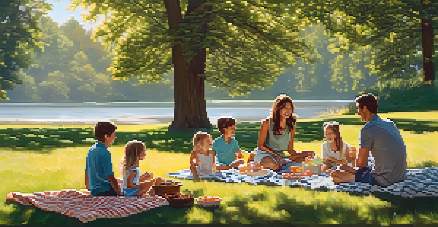 A family enjoying a picnic with grilled salmon, mixed greens, and walnuts in a sunny outdoor setting under trees.