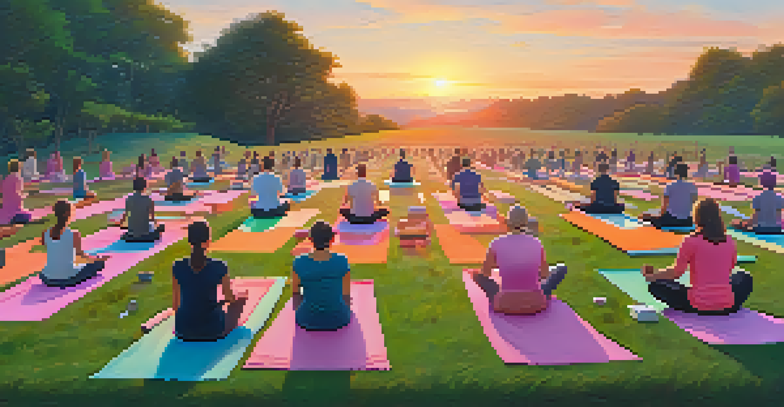 A group of individuals practicing yoga on colorful mats in a green field at sunrise, with a colorful sky.