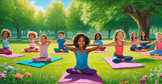 Children practicing yoga in a park, showcasing various poses and enjoying the sunny day.