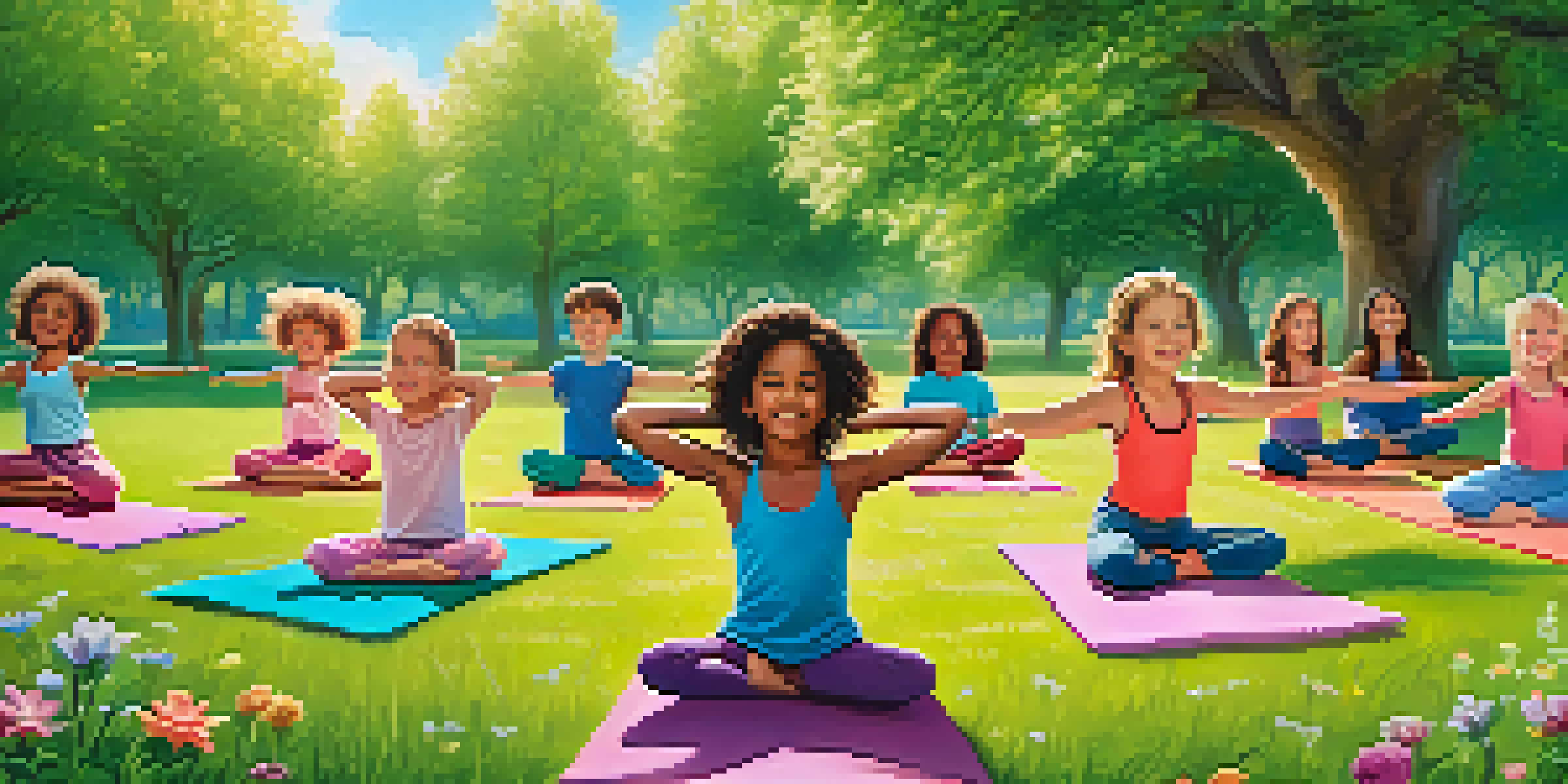 Children practicing yoga in a park, showcasing various poses and enjoying the sunny day.