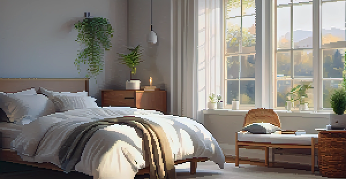 A cozy bedroom with soft ambient lighting, a neatly made bed, and a potted plant on the windowsill.