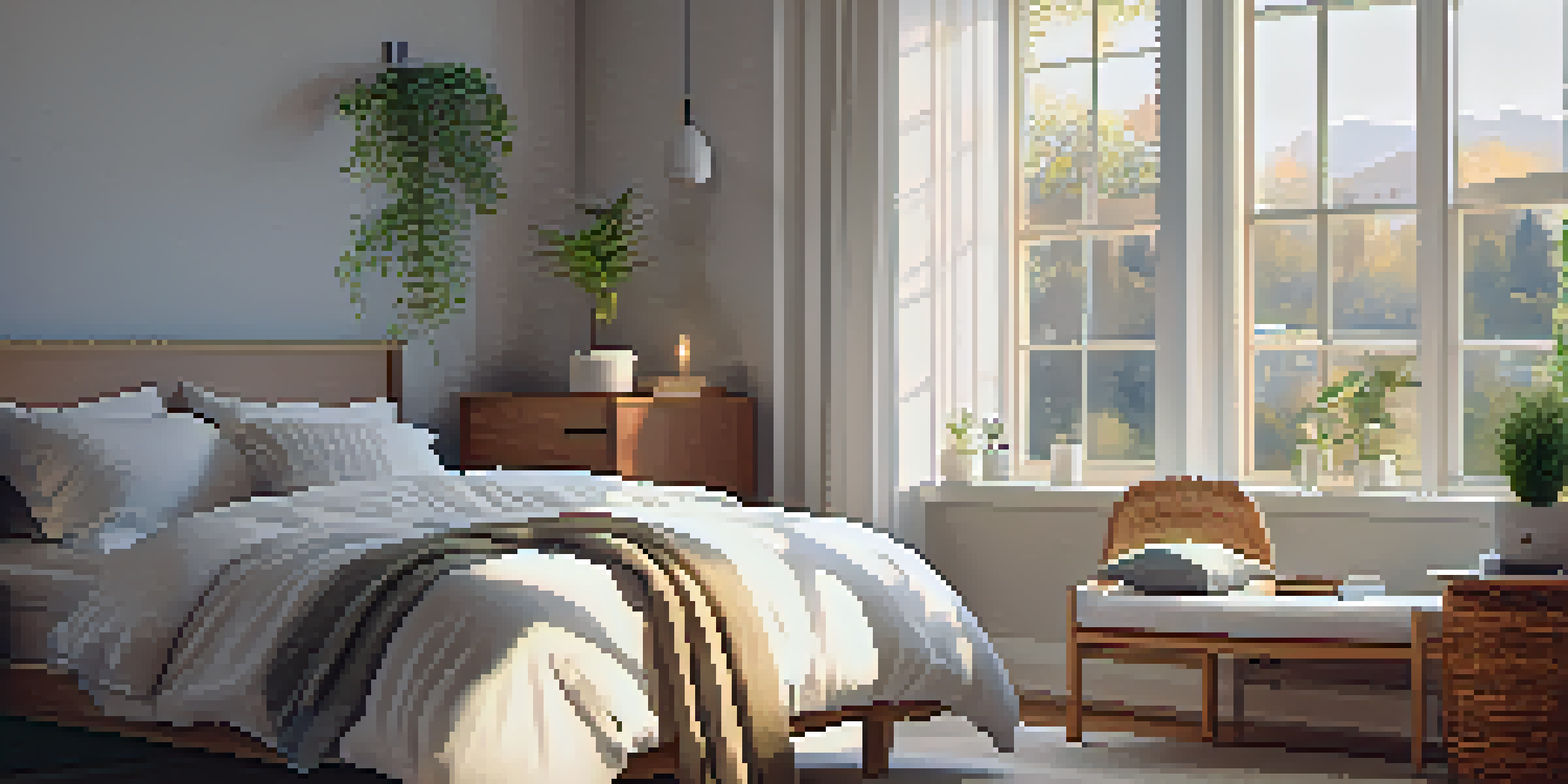 A cozy bedroom with soft ambient lighting, a neatly made bed, and a potted plant on the windowsill.