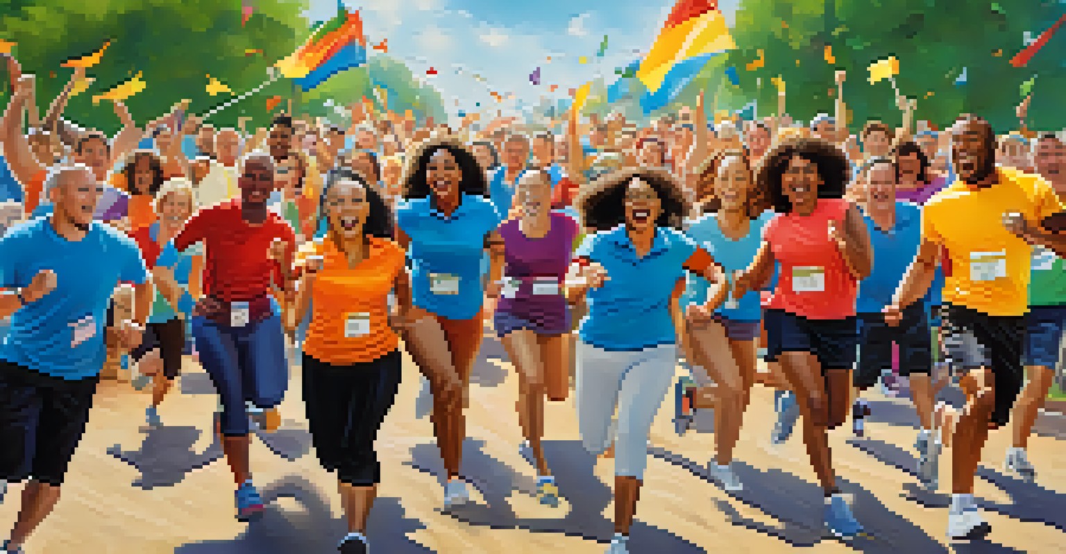 A diverse group of employees participating in an outdoor fitness challenge, showcasing teamwork and wellness in the workplace.