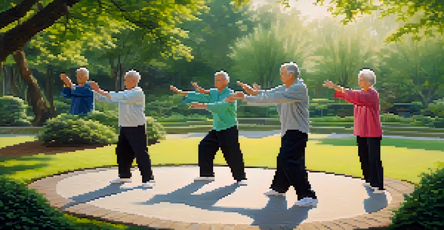 A group of seniors doing tai chi in a park, standing in a circle and performing movements together.