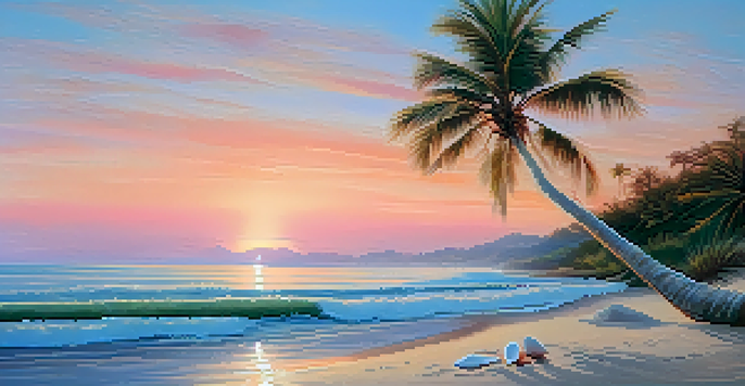 A peaceful beach scene at sunrise with pastel colors in the sky and gentle waves on the shore.