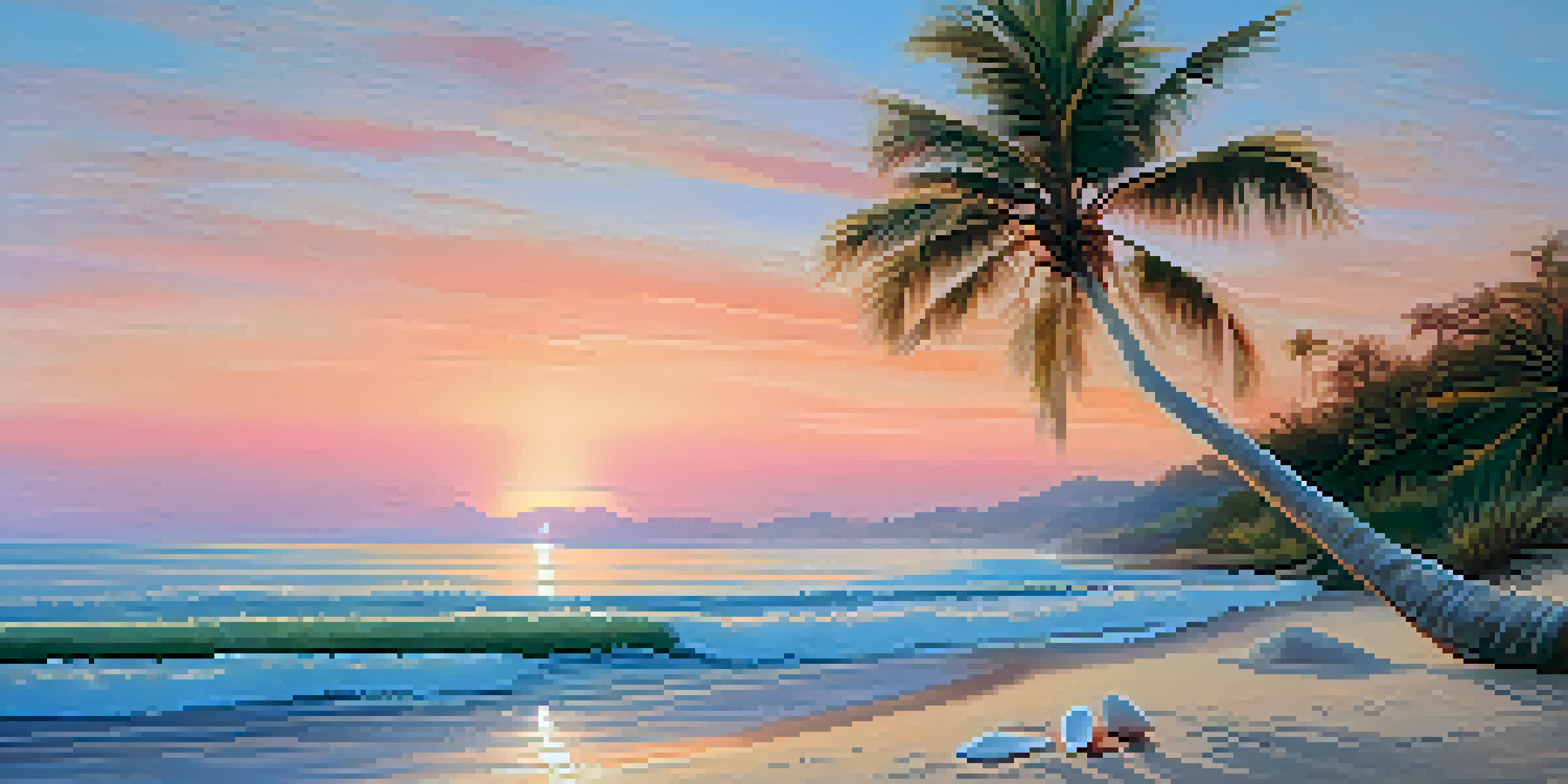 A peaceful beach scene at sunrise with pastel colors in the sky and gentle waves on the shore.