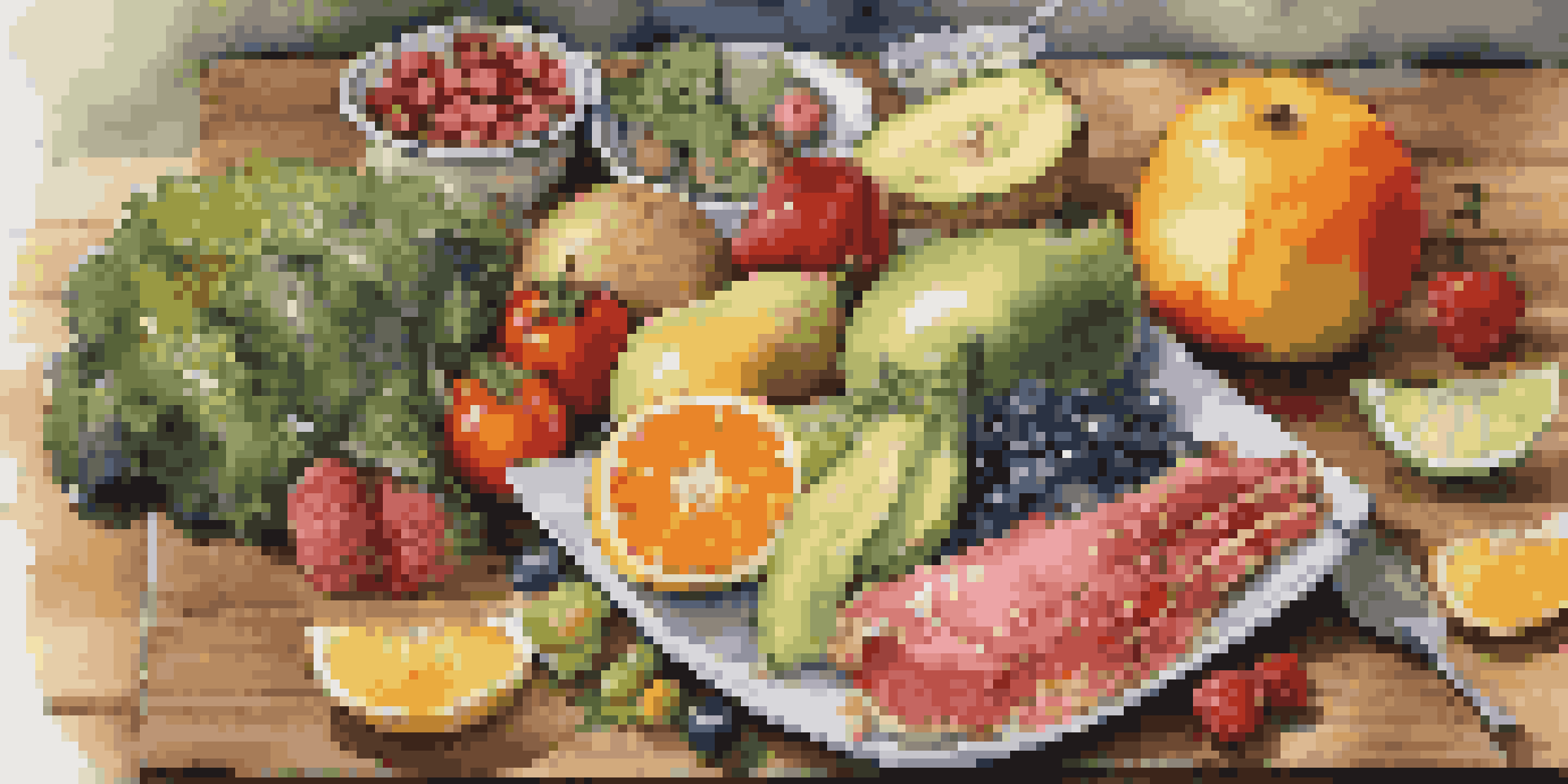 A colorful and nutritious plate filled with fruits, vegetables, whole grains, and lean proteins, arranged on a wooden table with natural light illuminating it.