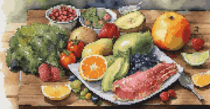 A colorful and nutritious plate filled with fruits, vegetables, whole grains, and lean proteins, arranged on a wooden table with natural light illuminating it.