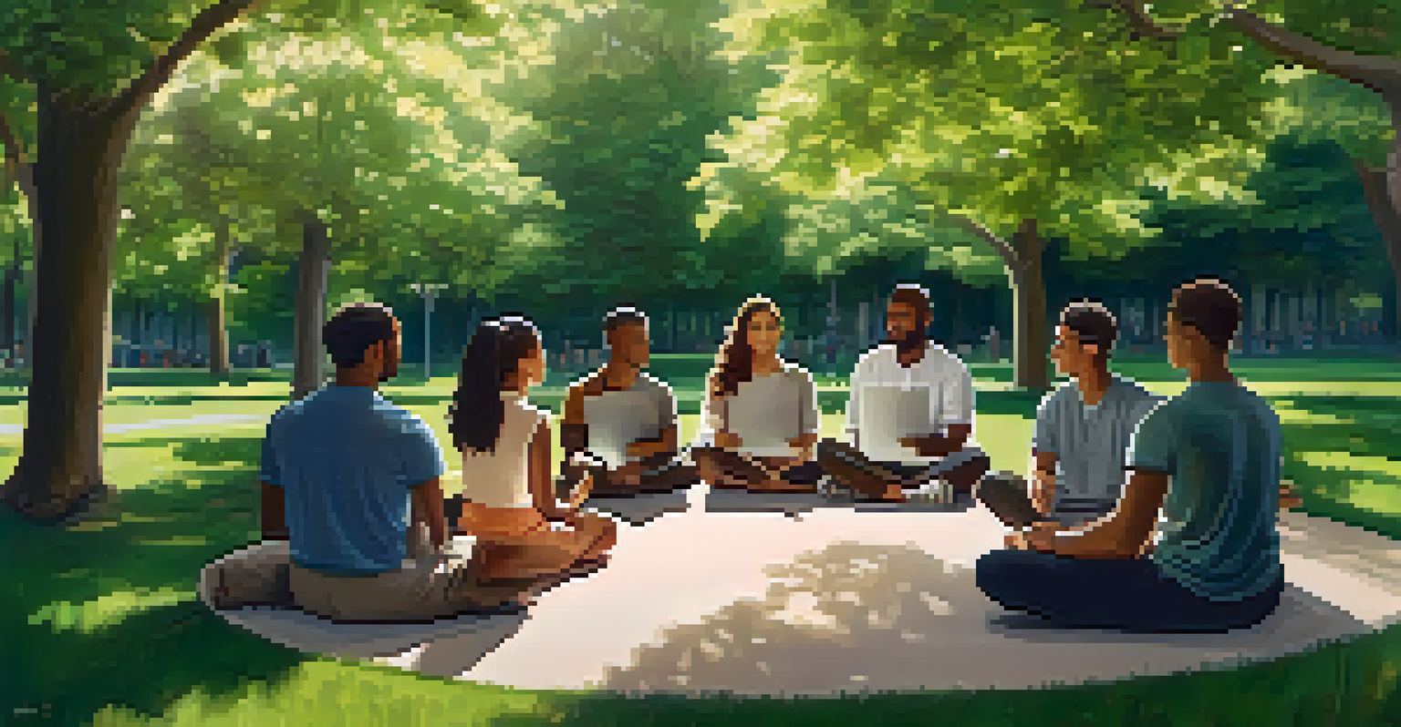 A group of people in a park sharing affirmations during a mindfulness session.