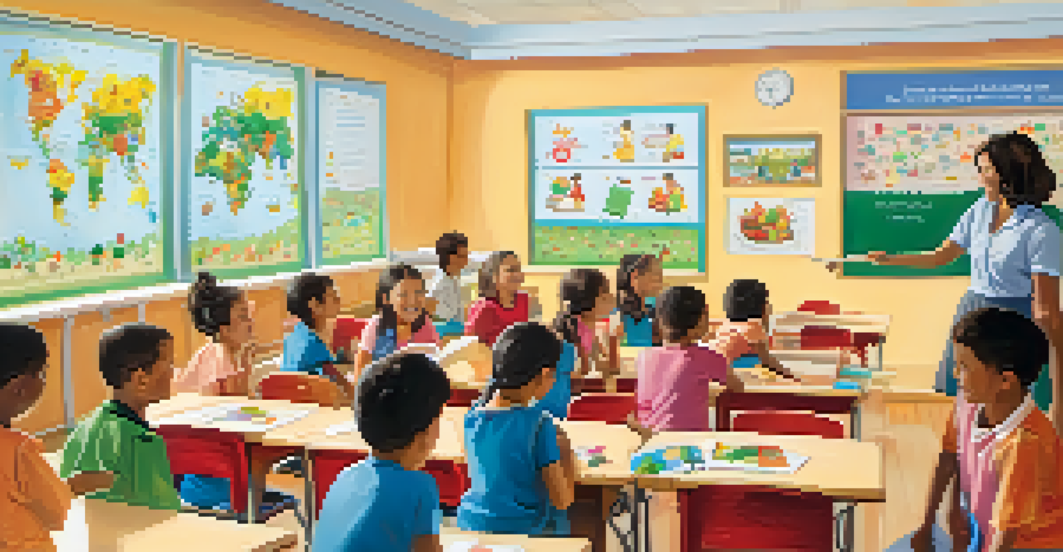 Children in a classroom participating in a health education session with a teacher, surrounded by colorful educational materials.