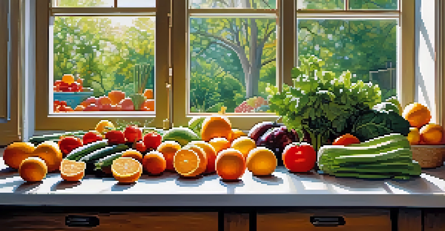 A kitchen table filled with fresh fruits and vegetables in bright natural light.