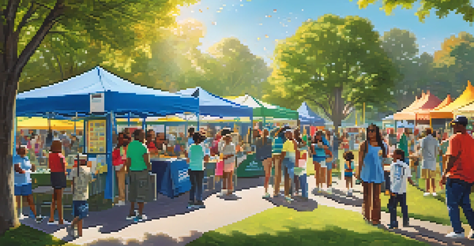 A lively community health fair in a park with diverse people participating in wellness activities and colorful booths.