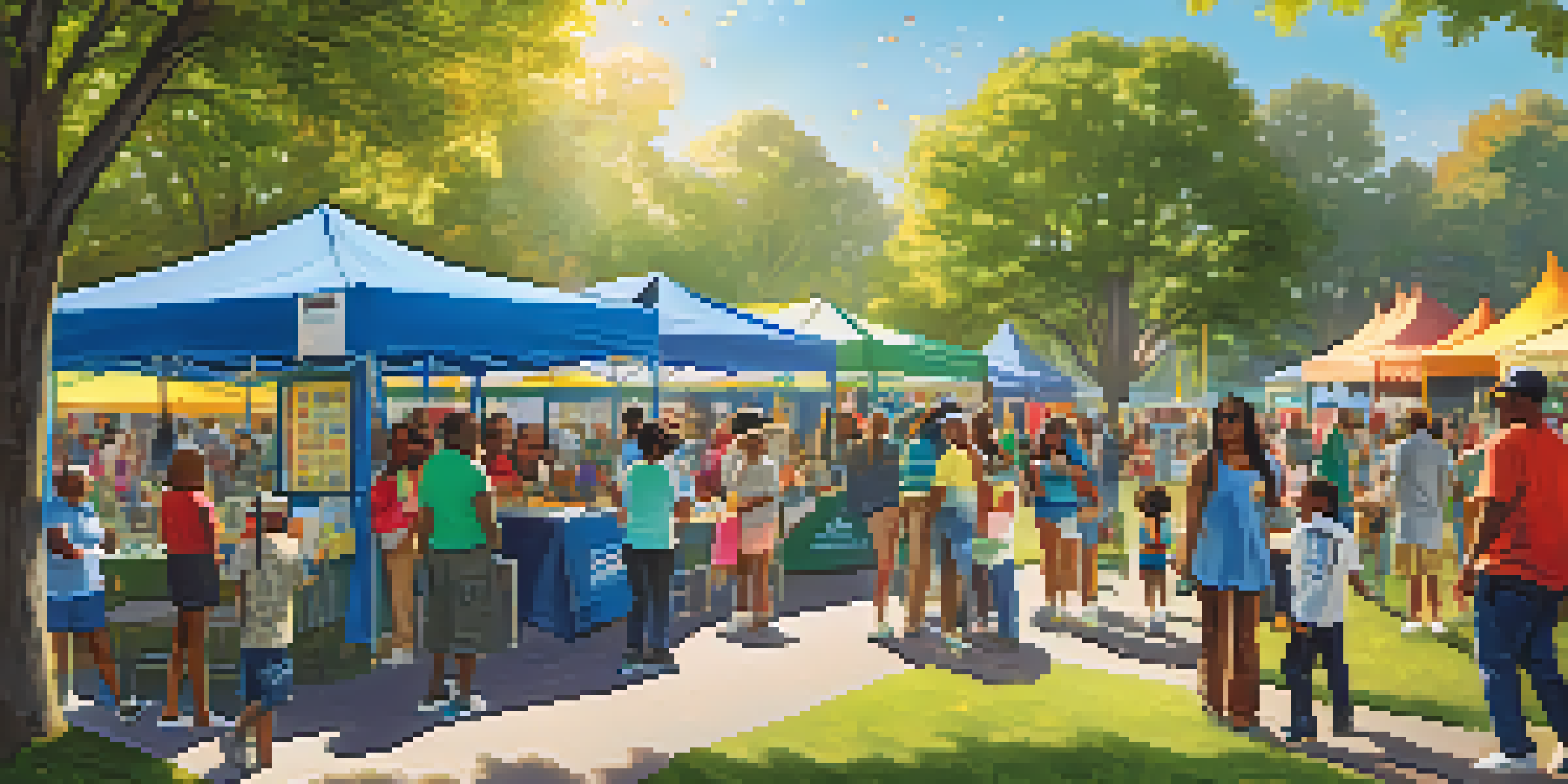 A lively community health fair in a park with diverse people participating in wellness activities and colorful booths.