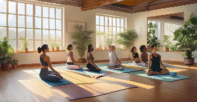 A peaceful yoga studio with people practicing various yoga poses, illuminated by warm morning light and surrounded by plants.