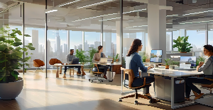 A bright and modern office with employees working together, showcasing a flexible work environment with a city view.
