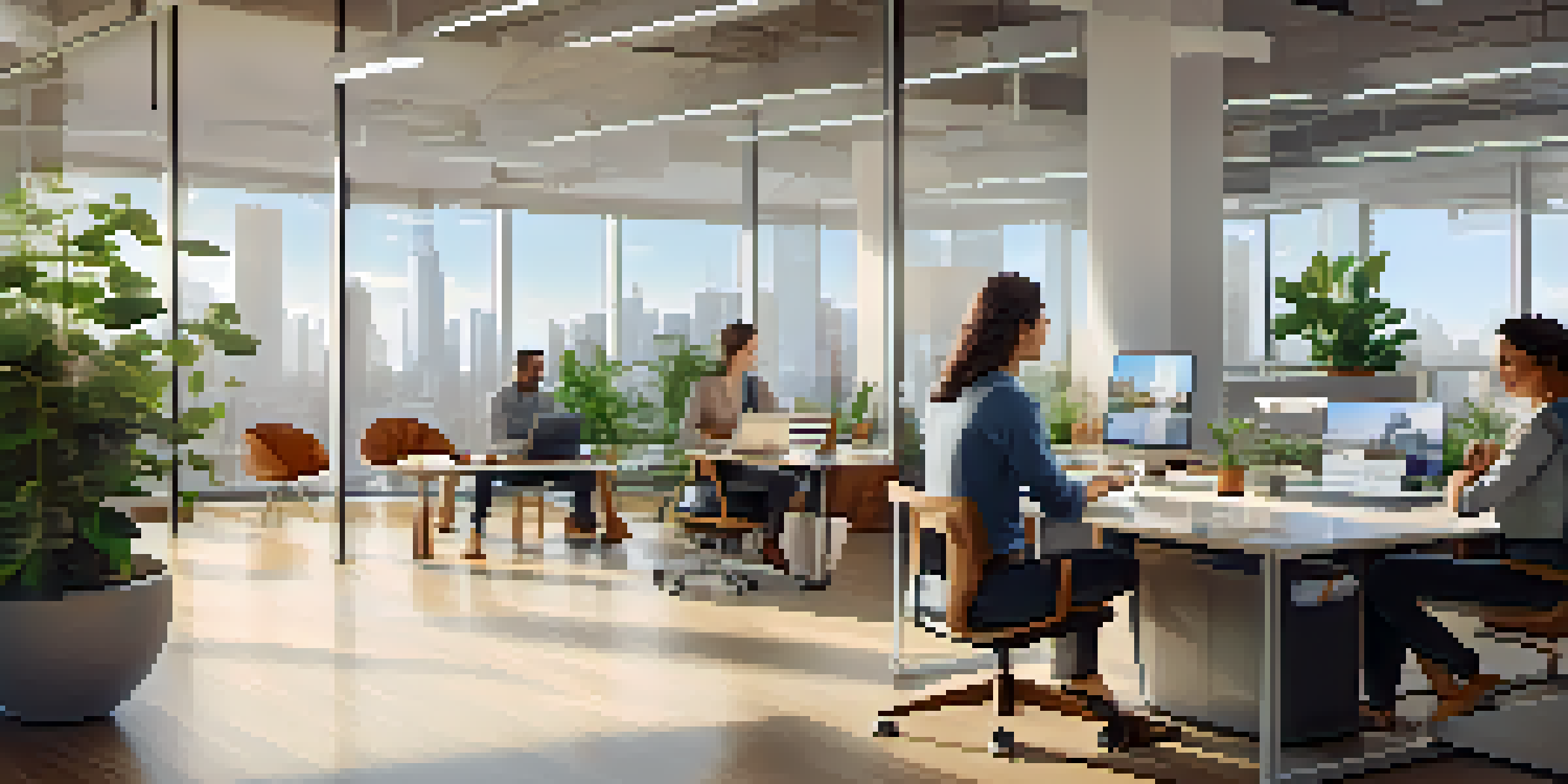 A bright and modern office with employees working together, showcasing a flexible work environment with a city view.