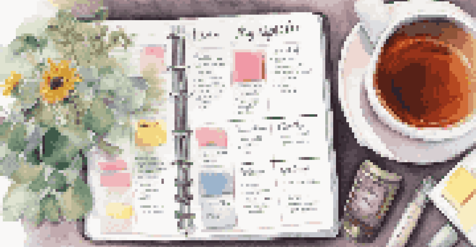 A close-up of an open daily planner on a table, filled with colorful sticky notes and a cup of herbal tea, highlighting a structured schedule.