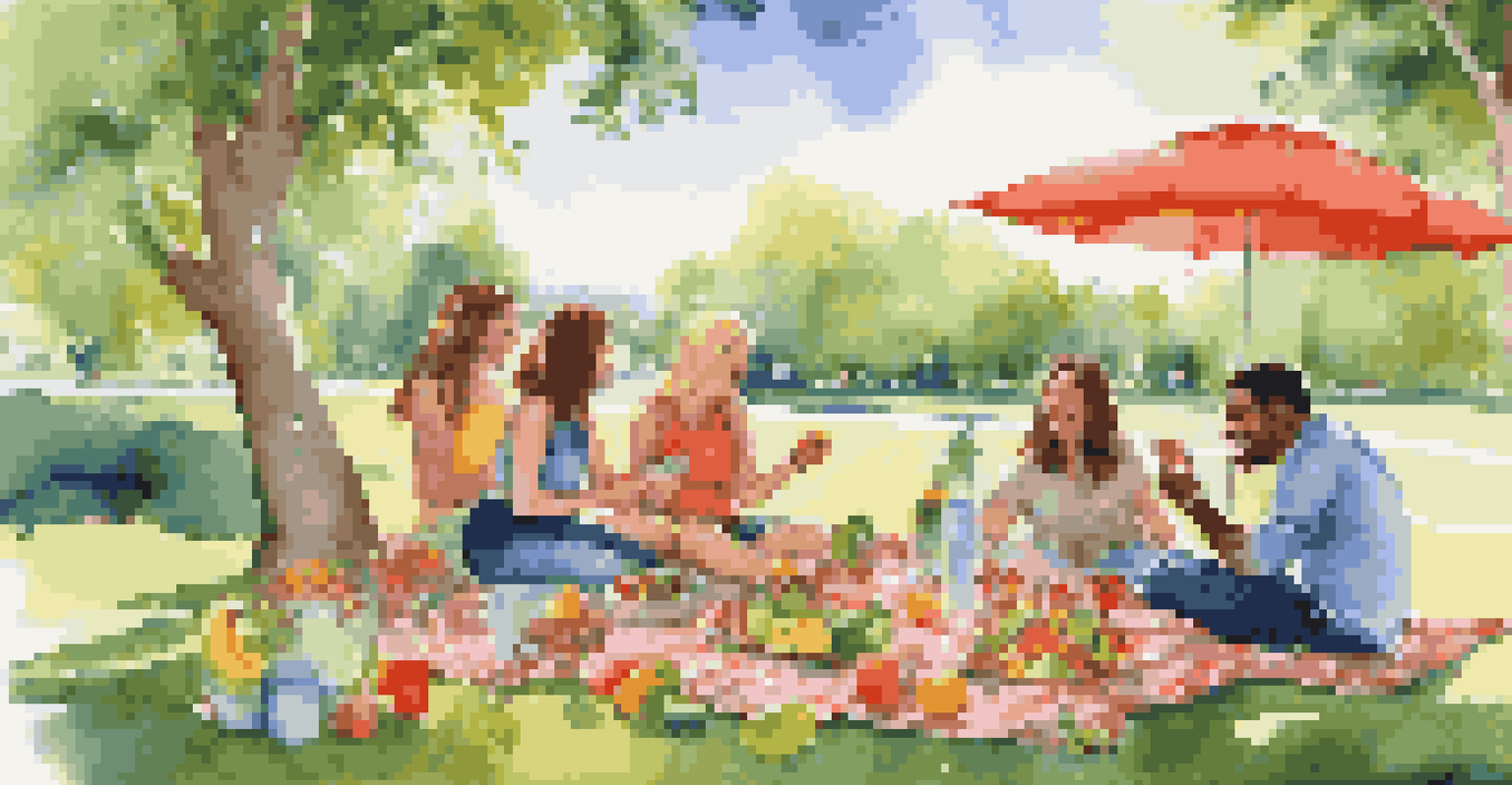 A group of friends enjoying a picnic in a park, surrounded by colorful food and a sunny sky.