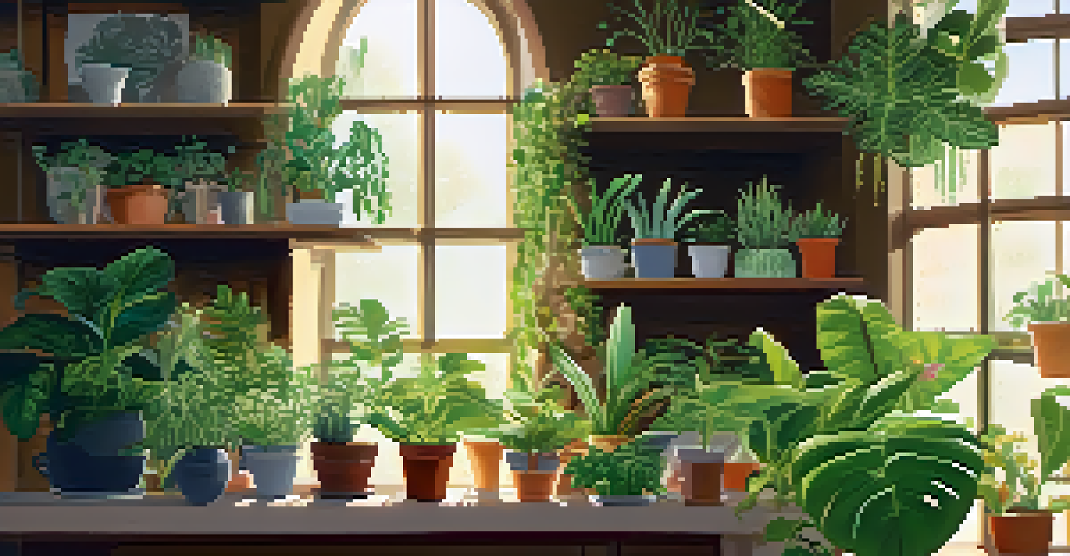 A vibrant indoor garden with houseplants on shelves and a person watering them, illuminated by sunlight from a window.