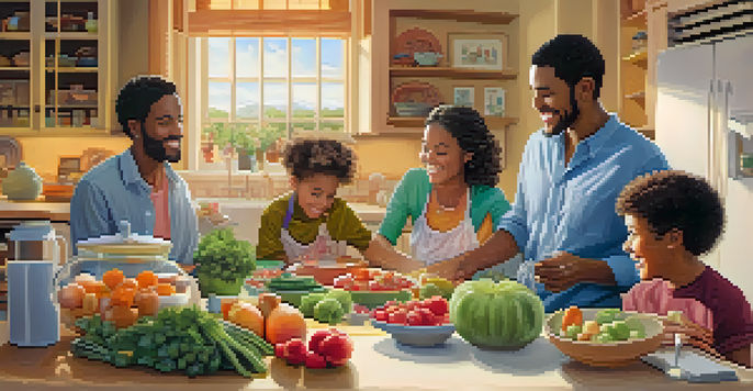 A diverse family cooking together in a cozy kitchen, with colorful ingredients and a family health tree chart on the wall.