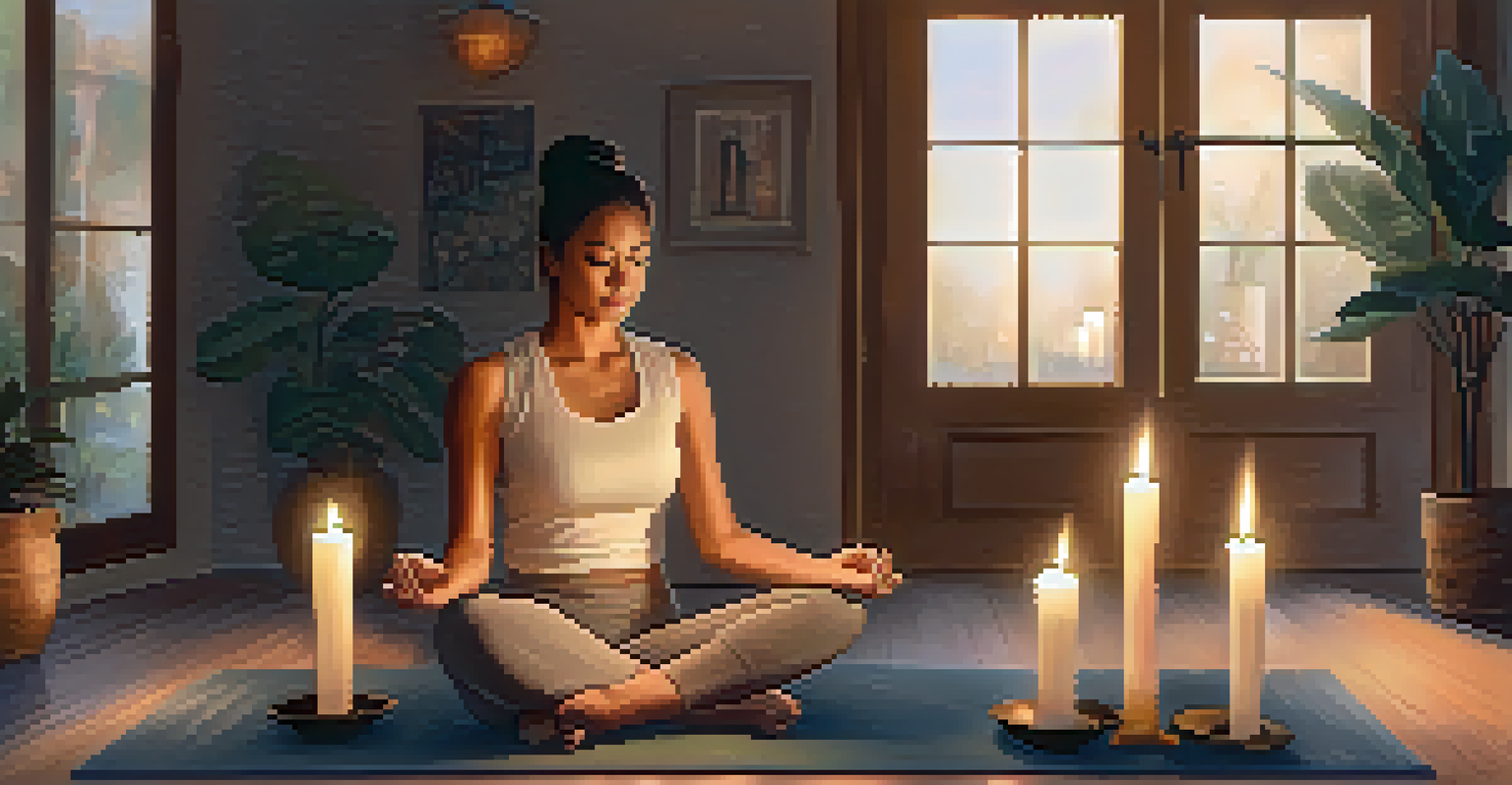 A peaceful mindfulness practice scene with a person on a yoga mat surrounded by candles and soft cushions, promoting relaxation.