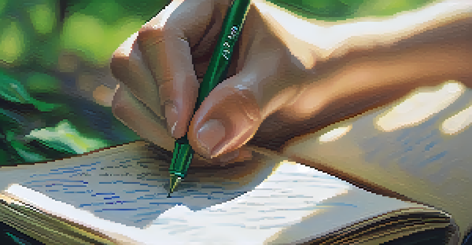 A close-up of a hand writing in a journal, with a blurred park setting in the background.