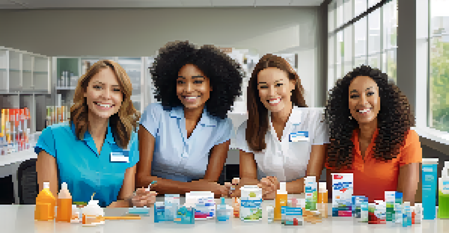 A diverse group of employees smiling while displaying dental care products at a workplace promoting oral health.