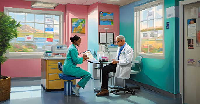 A healthcare professional giving a vaccination to a patient in a bright and colorful travel clinic.