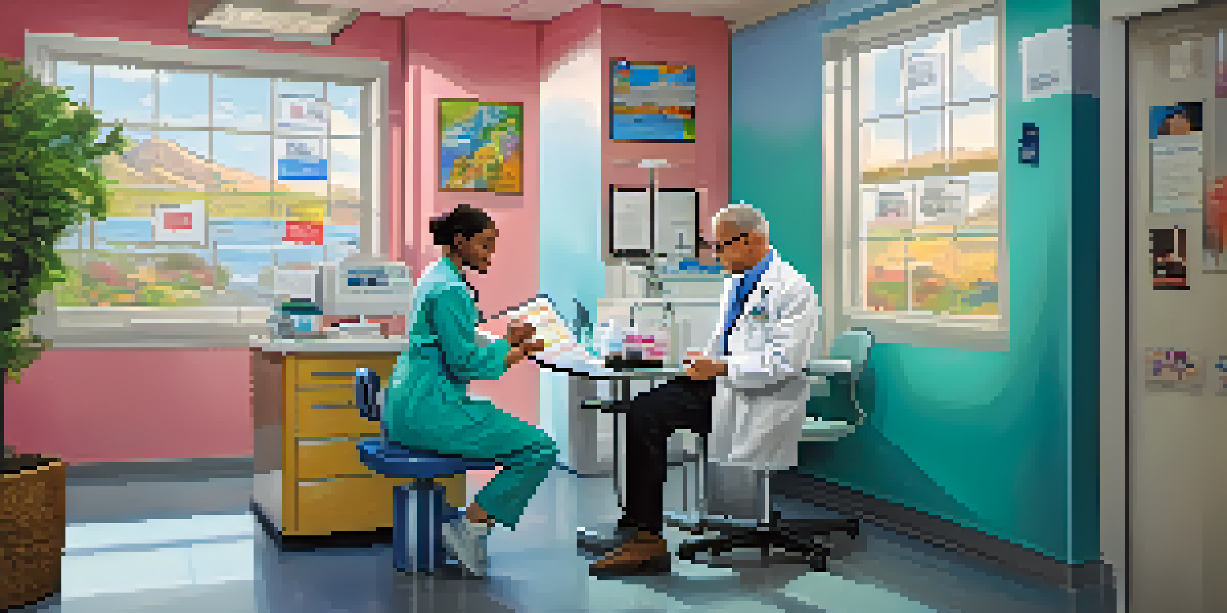 A healthcare professional giving a vaccination to a patient in a bright and colorful travel clinic.