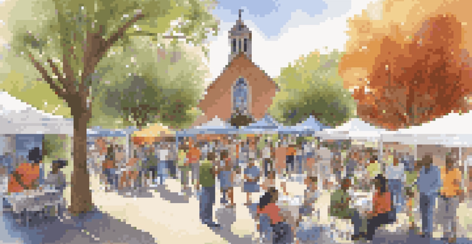 A community health fair in a church courtyard with diverse people engaging in health activities and colorful booths.