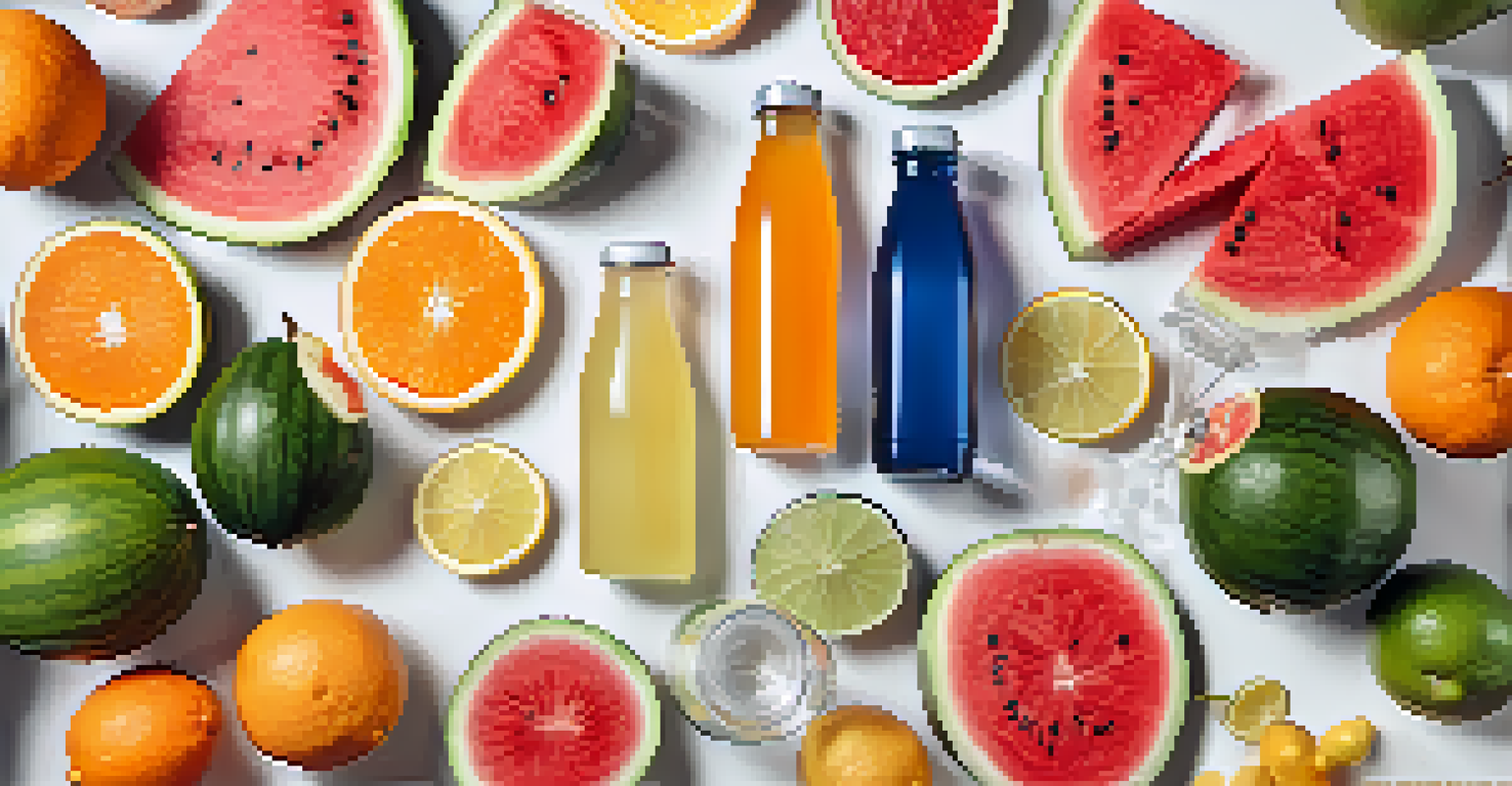 A flat lay of sports drinks, coconut water, and fresh fruits on a white background, promoting healthy hydration options.