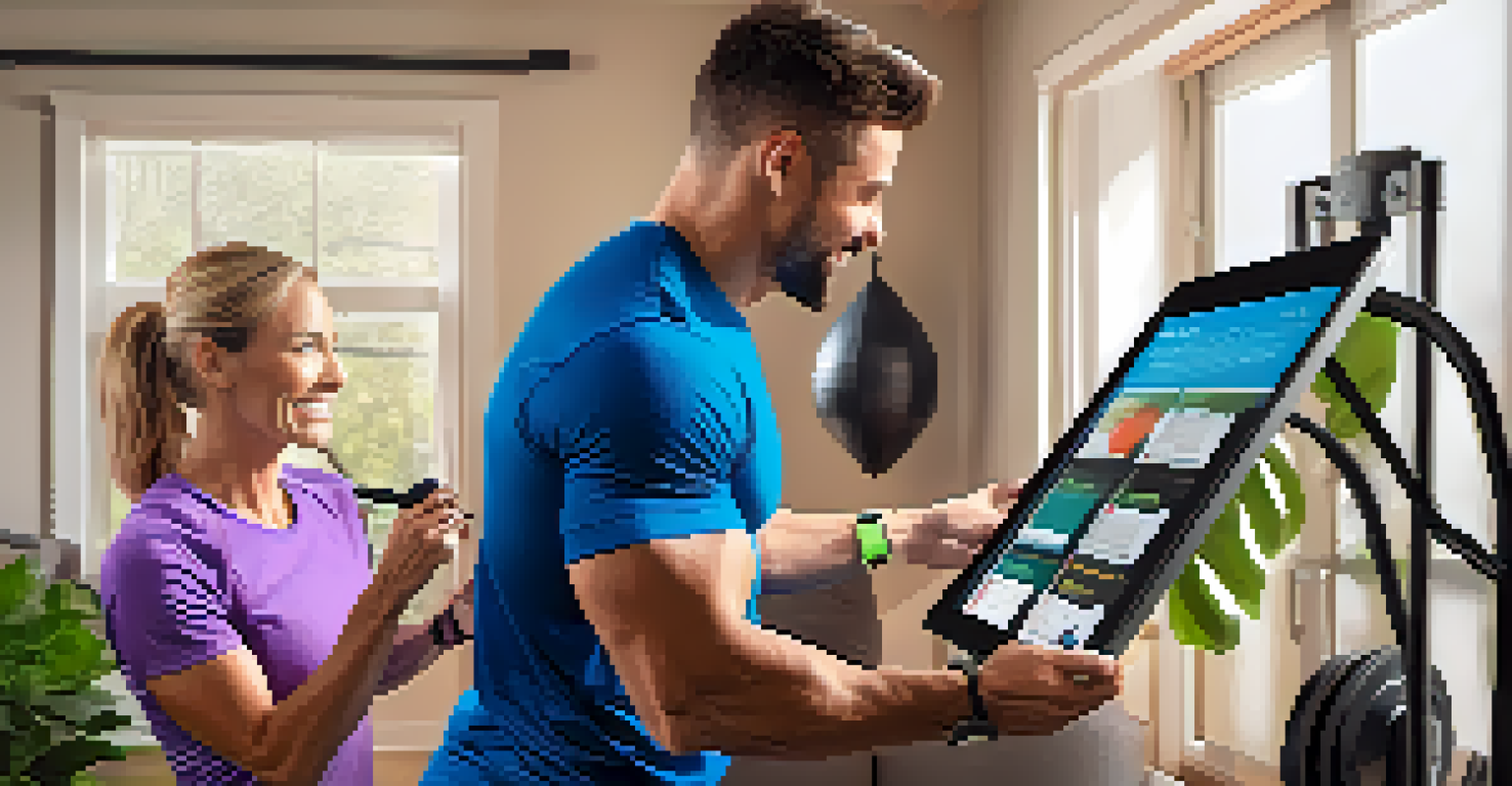 A personal trainer helps a client with a personalized fitness plan in a bright home gym filled with fitness equipment.