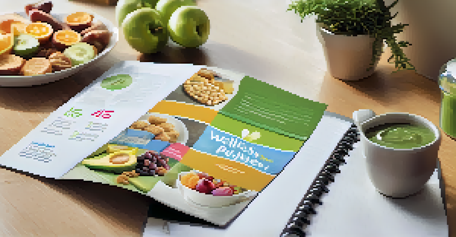 A close-up of a wellness program brochure on a desk with healthy snacks and a laptop in a warm, inviting environment.