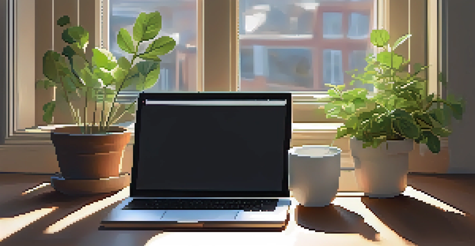 A calming workspace with a laptop, herbal tea, and a potted plant, illuminated by soft sunlight, creating a peaceful atmosphere.