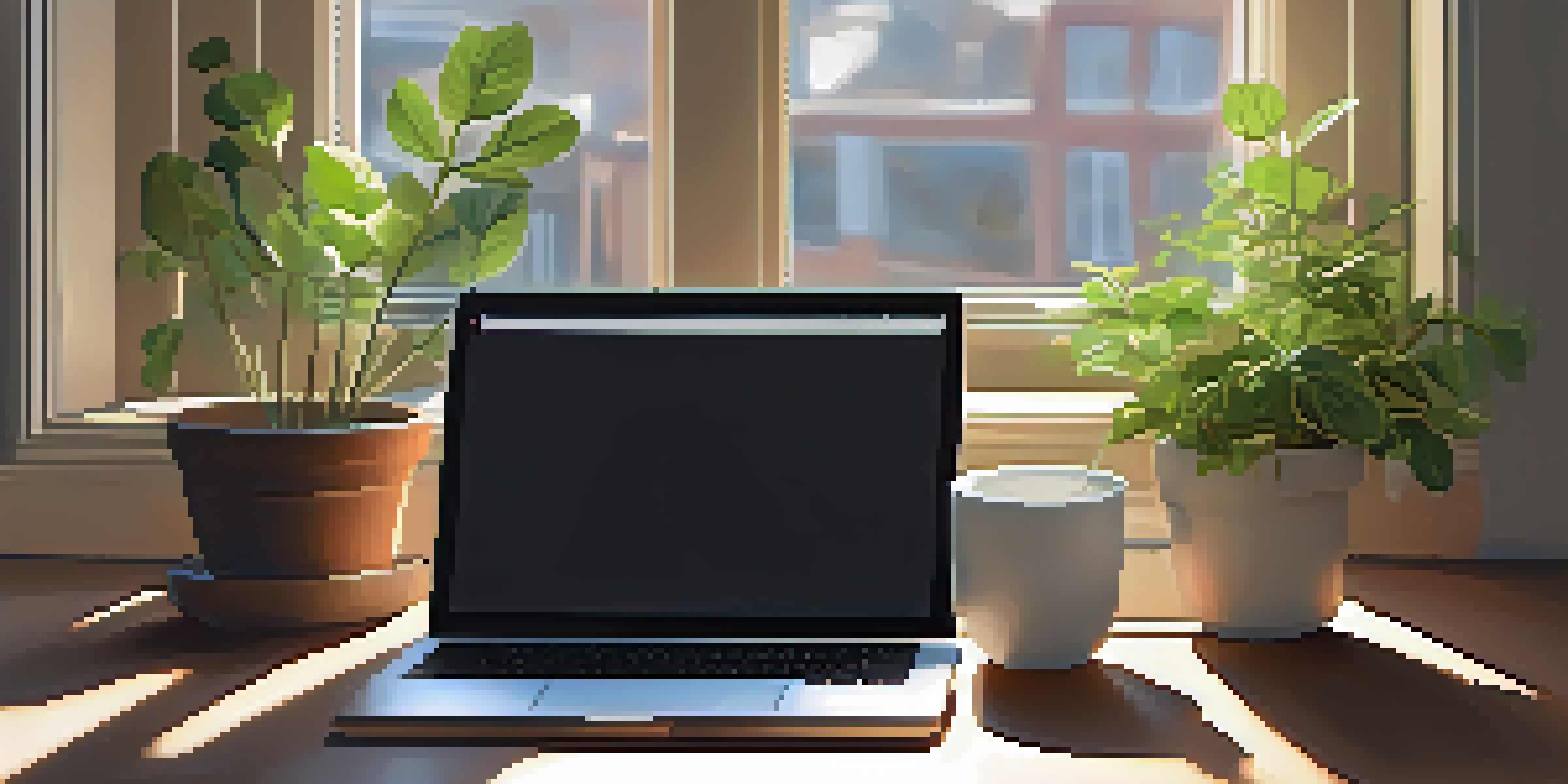 A calming workspace with a laptop, herbal tea, and a potted plant, illuminated by soft sunlight, creating a peaceful atmosphere.