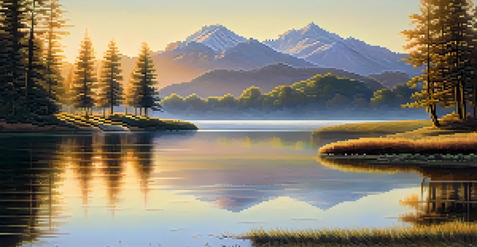 A calm lake reflecting mountains at sunrise, with gentle ripples and lush greenery around.